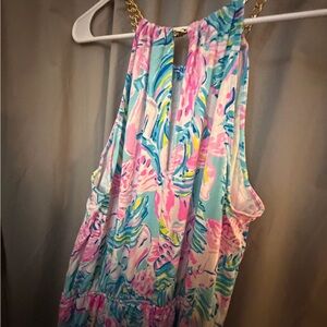 Lilly Pulitzer Vibrant Pink and Blue Romper with Gold Accents
T1